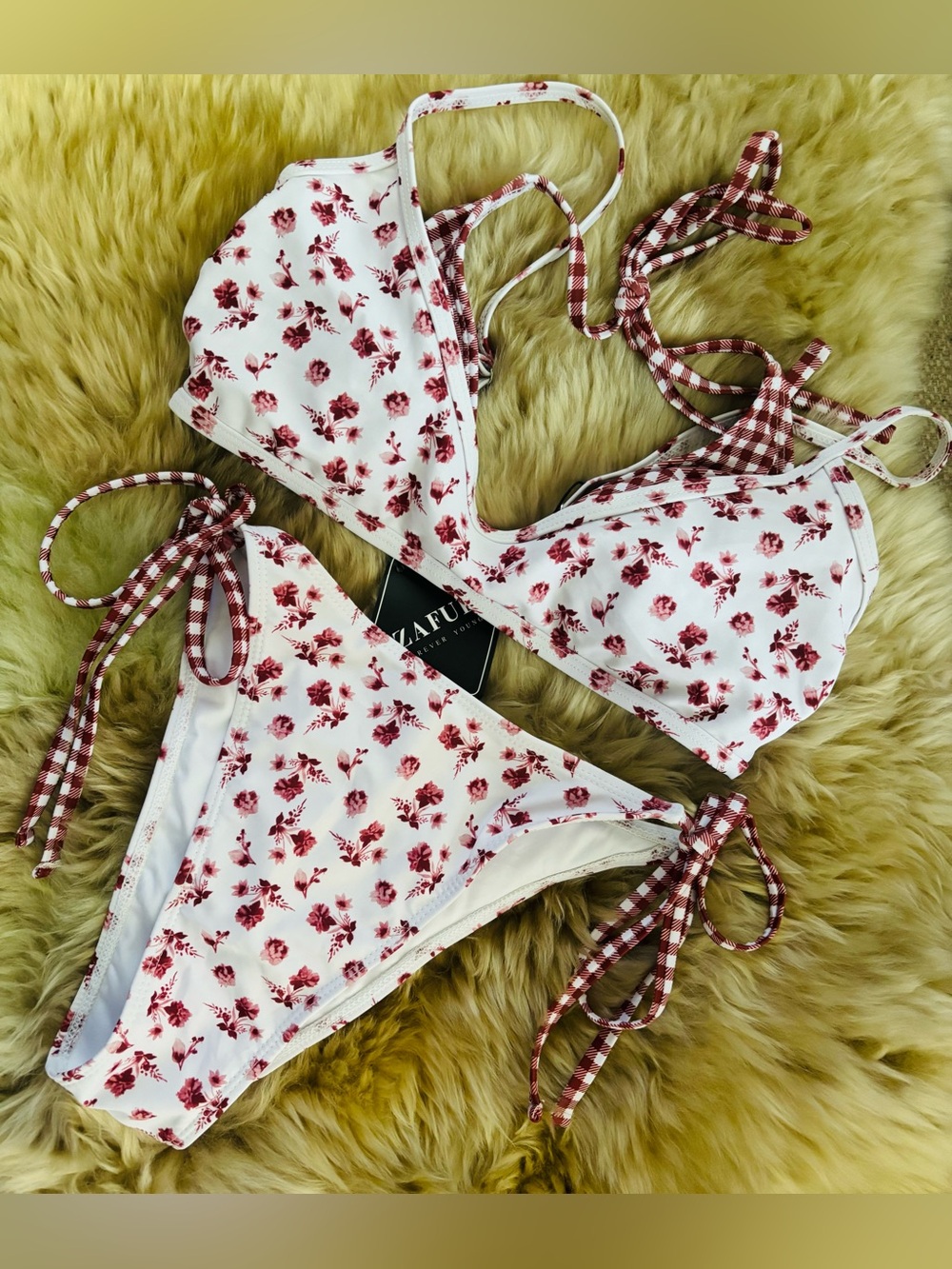 Adorable Floral Print Bikini Set with Gingham Trim Size Small